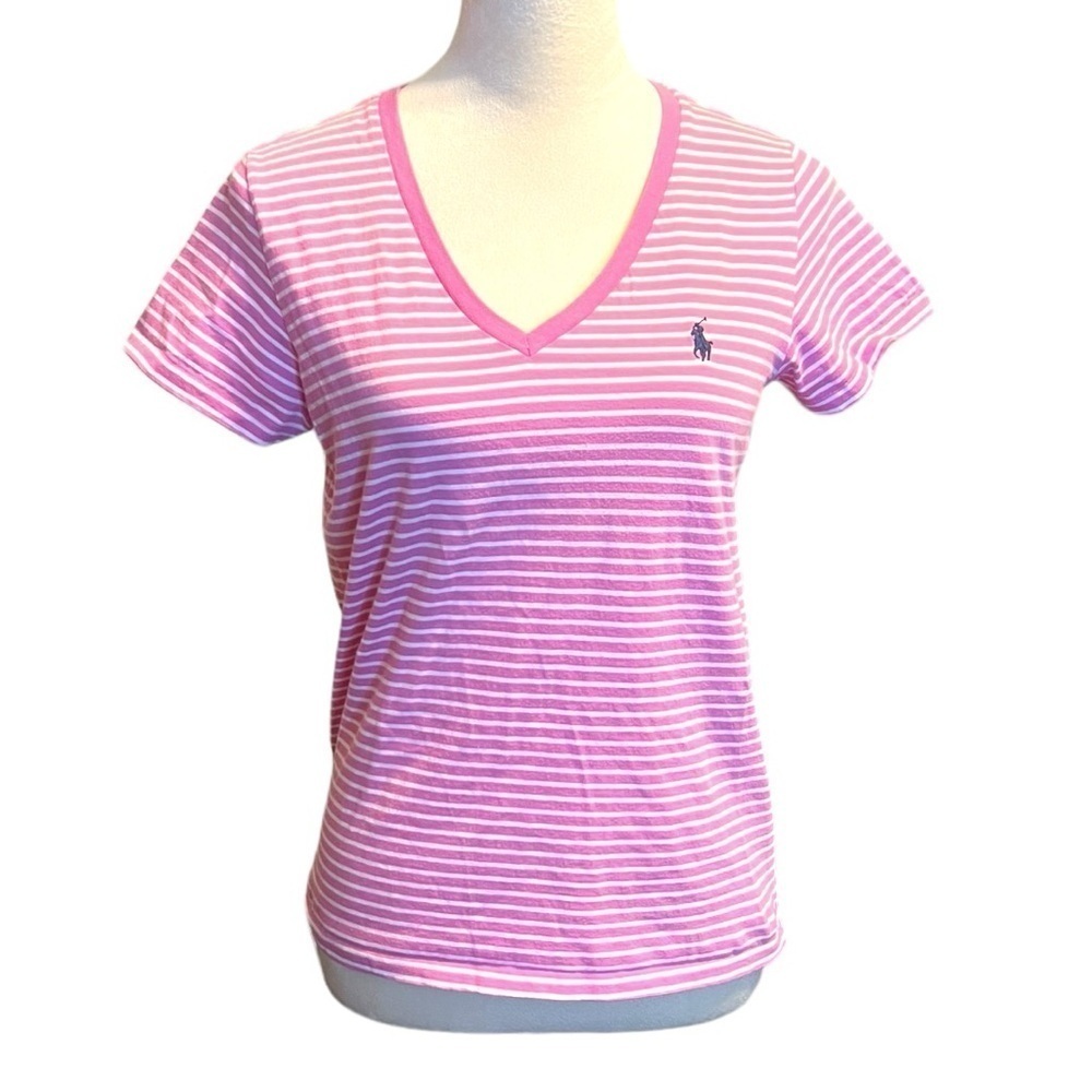 Polo Ralph Lauren short sleeve pink and white striped v neck shirt size M EUC